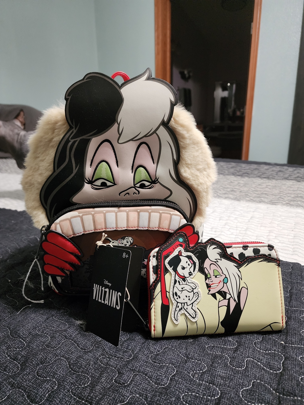 Cruella Faux Fur Accent Mini Backpack & Wallet Set - Black, White, Red